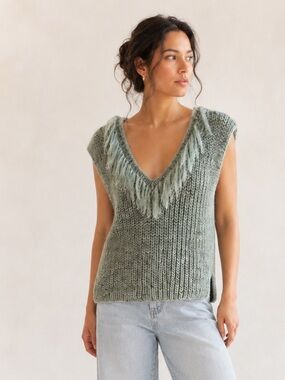 Hand Knit Alpaca Wool Fringe Sweater Vest Soft Mineral Green Boho Size S/M